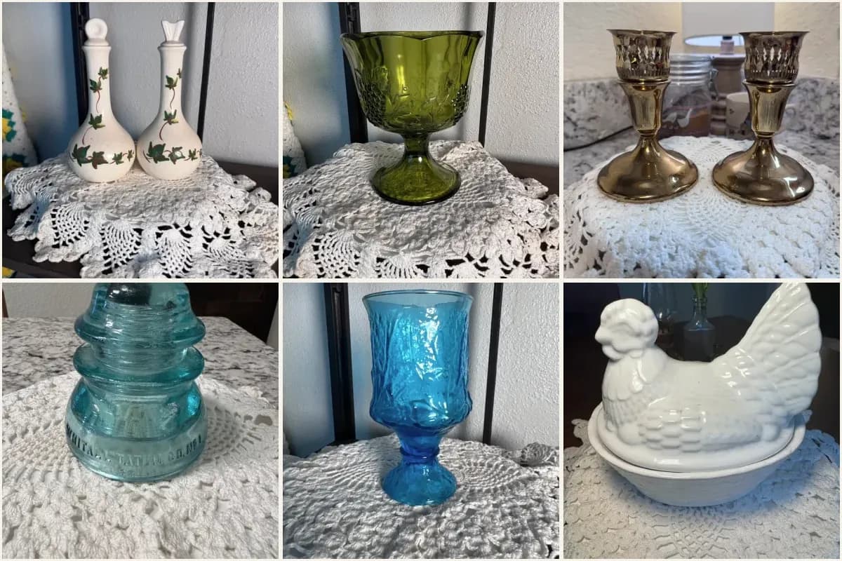 Six vintage pieces from Gathered Goods listings: ivy cruets, a green glass compote, brass candlesticks, an aqua glass insulator, a blue goblet, and a white hen dish
