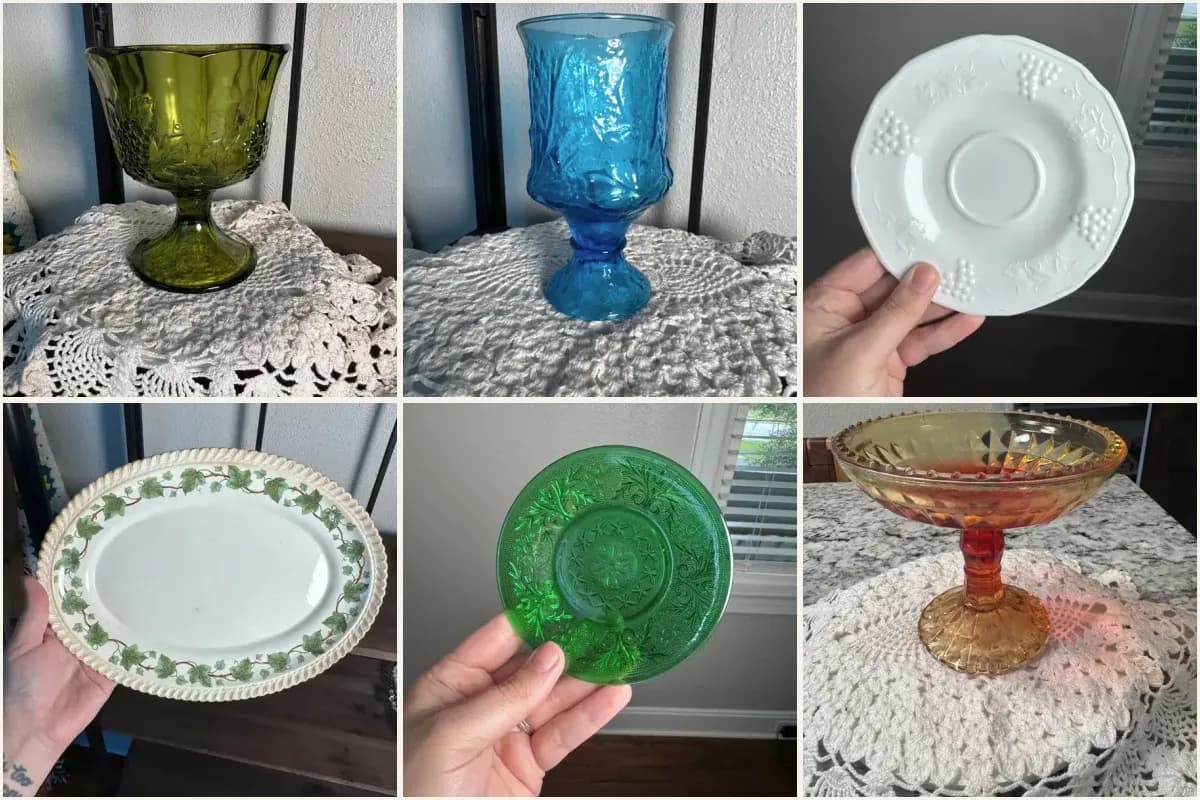 Vintage glassware and dishes from Gathered Goods listings: a green glass compote, a blue footed goblet, a white milk glass plate, an ivy-bordered platter, a green glass saucer, and an amber carnival glass compote