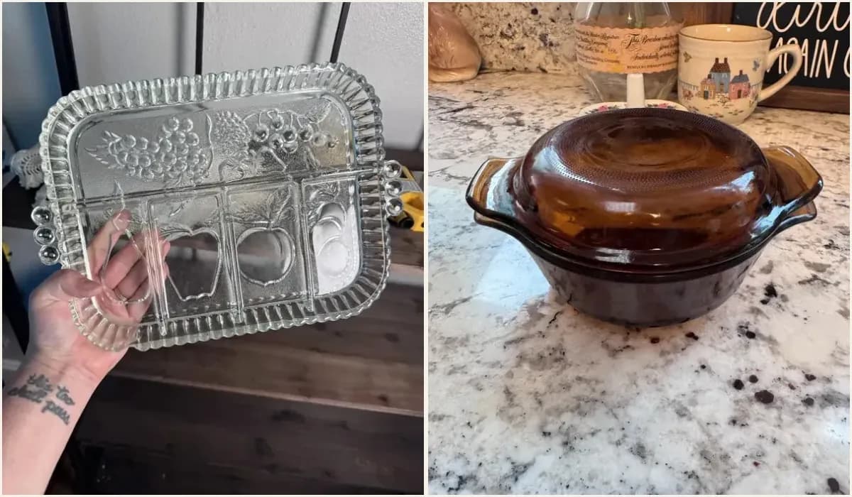 A clear pressed glass divided relish tray with a fruit pattern, and an amber glass covered casserole dish