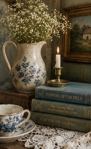 A blue and white pitcher of baby's breath beside stacked vintage books, a lit candle, and a transferware teacup on lace