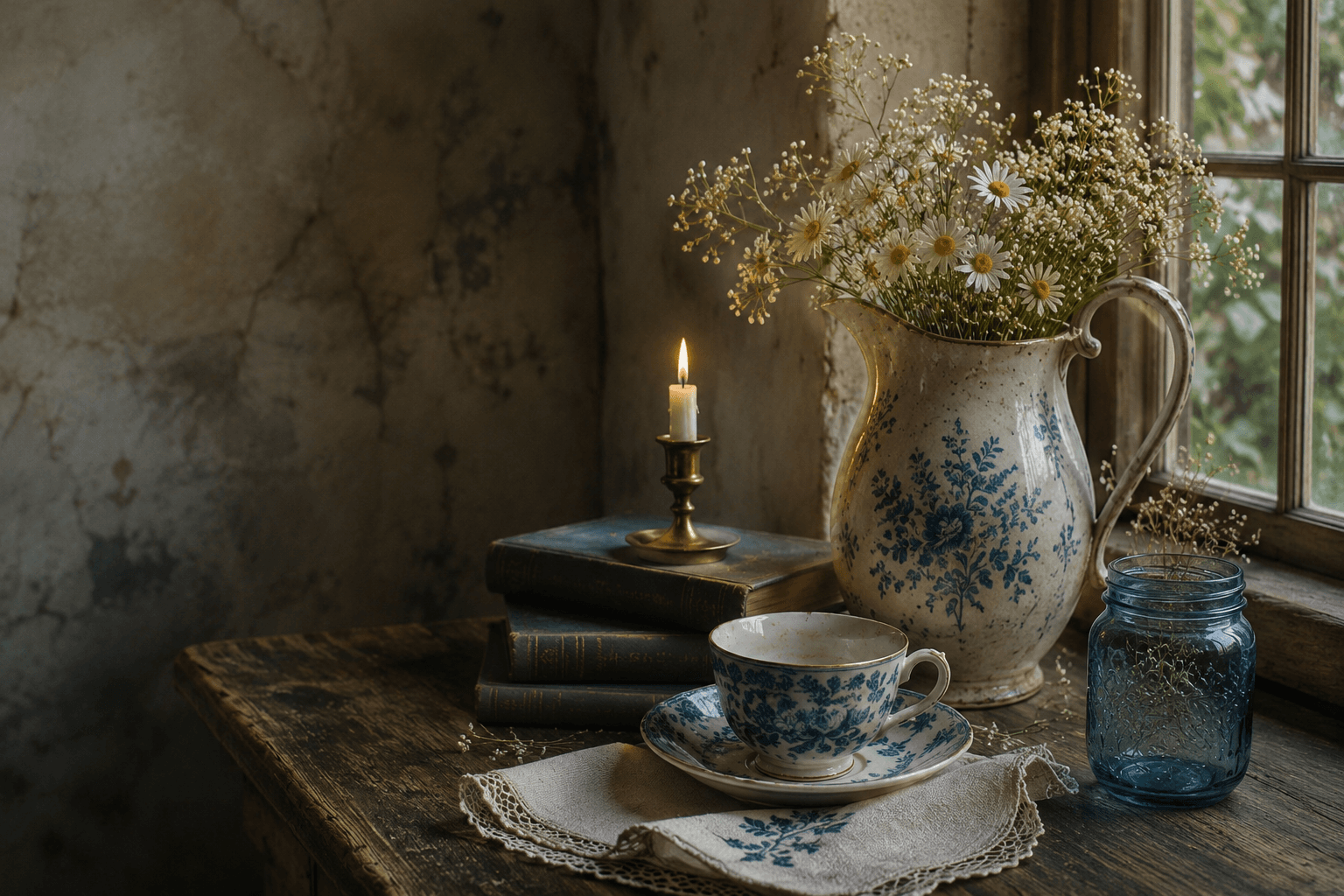 A blue and white floral pitcher of daisies beside a matching teacup, stacked old books, and a lit brass candlestick on a weathered windowsill table